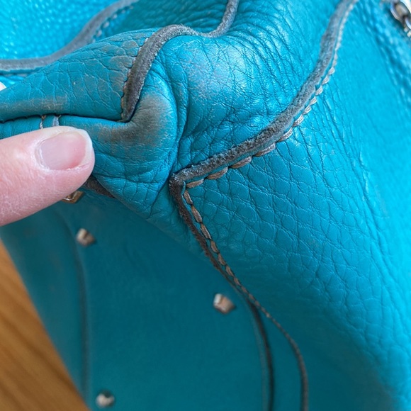 ROOTS 🇨🇦 Turquoise Textured Leather Handbag with Shoulder / Crossbody Strap - Picture 15 of 17